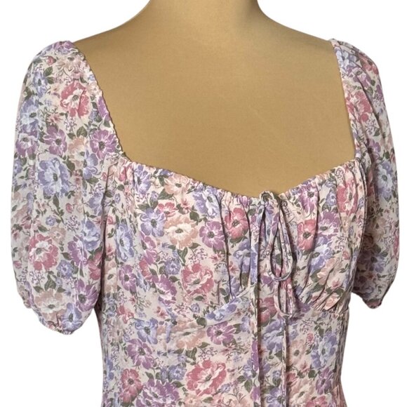 ASTR the Label Bow Tie Ruffle Midi Dress SZ M Pink Purple Floral Milkmaid - Picture 4 of 14